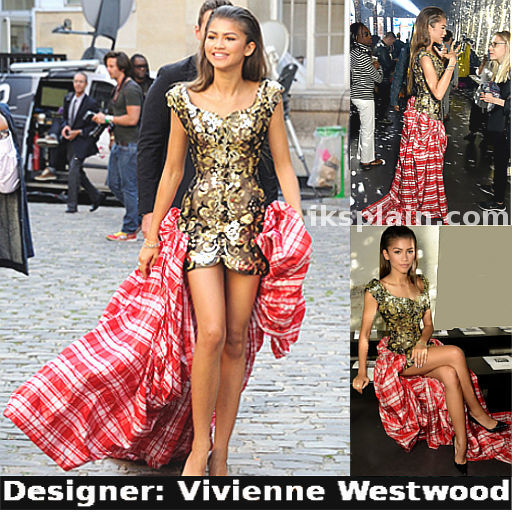 Zendaya-Coleman-wears-a-black-and-gold-embroidered-mini-dress-with-a-red-and-white-checkered-train-attached